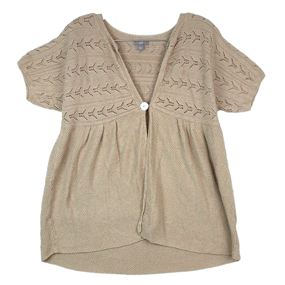 J.Jill Women Large Linen Cardigan Short Sleeve Single Button Front Beige Coastal